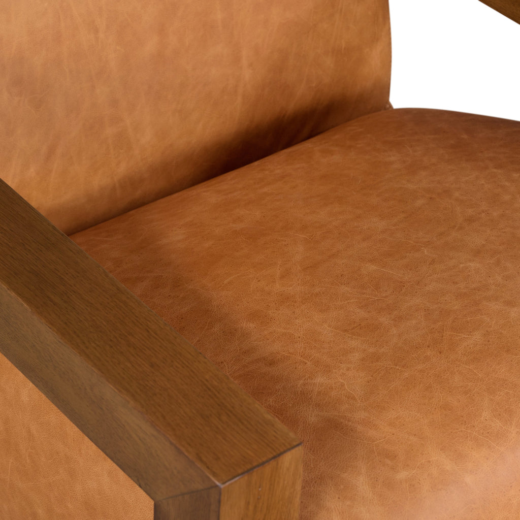 Modern Classic Cognac Tan Leather Lounge Chair with Solid Oak Frame