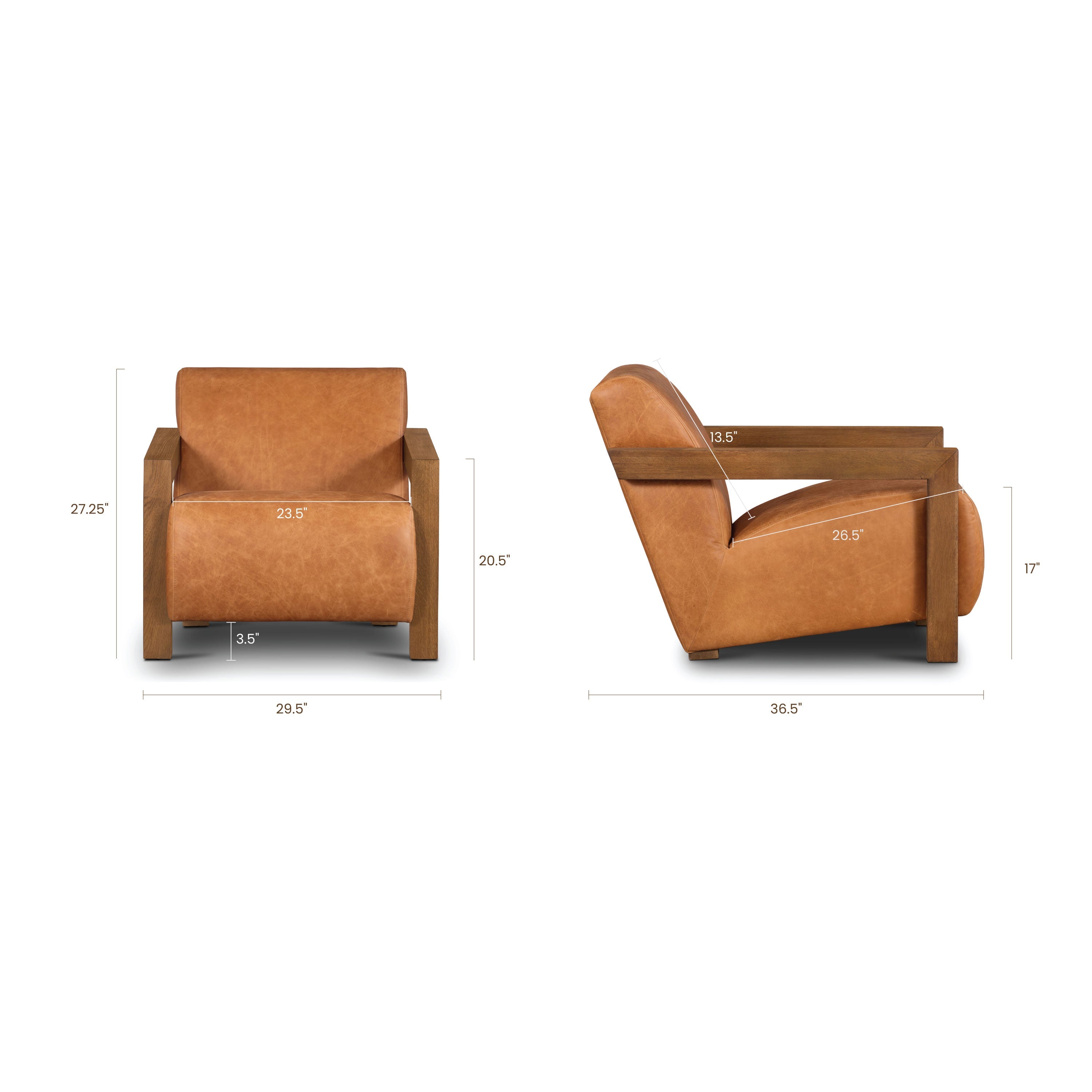 Modern Classic Cognac Tan Leather Lounge Chair with Solid Oak Frame