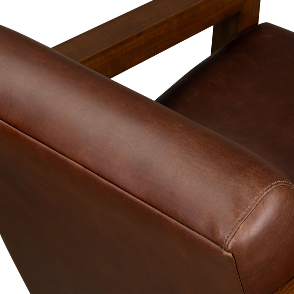 Modern Oscuro Brown Leather Lounge Chair with Solid Oak Frame