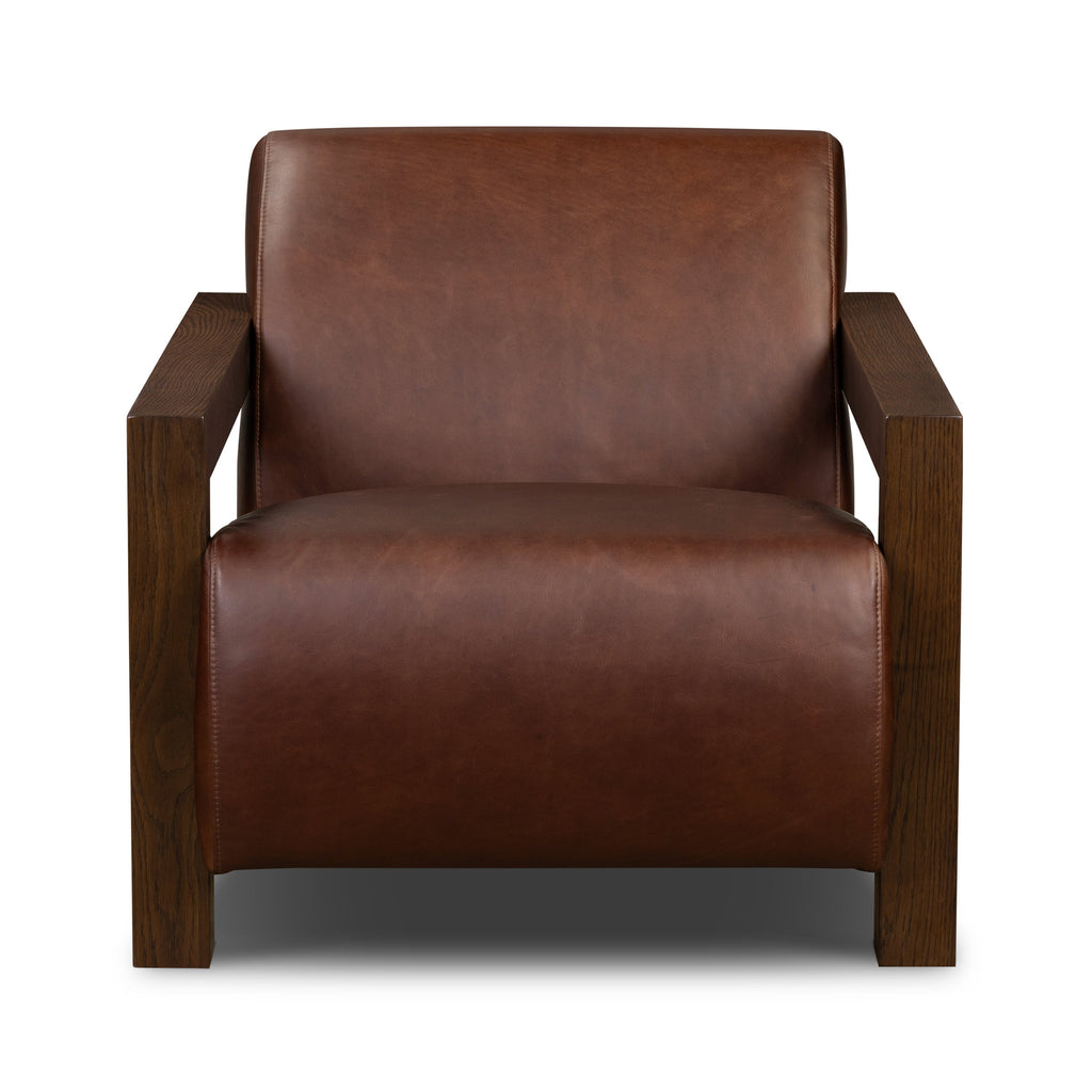 Modern Oscuro Brown Leather Lounge Chair with Solid Oak Frame
