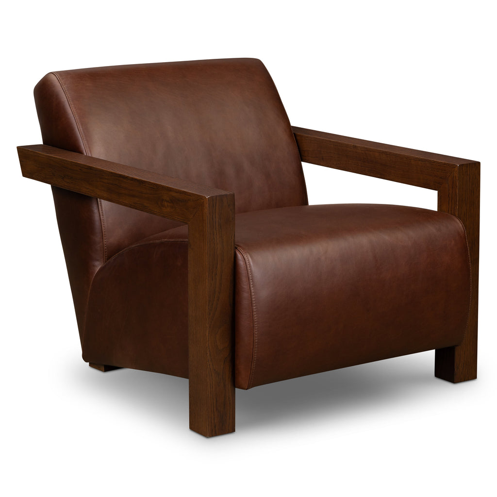 Modern Oscuro Brown Leather Lounge Chair with Solid Oak Frame