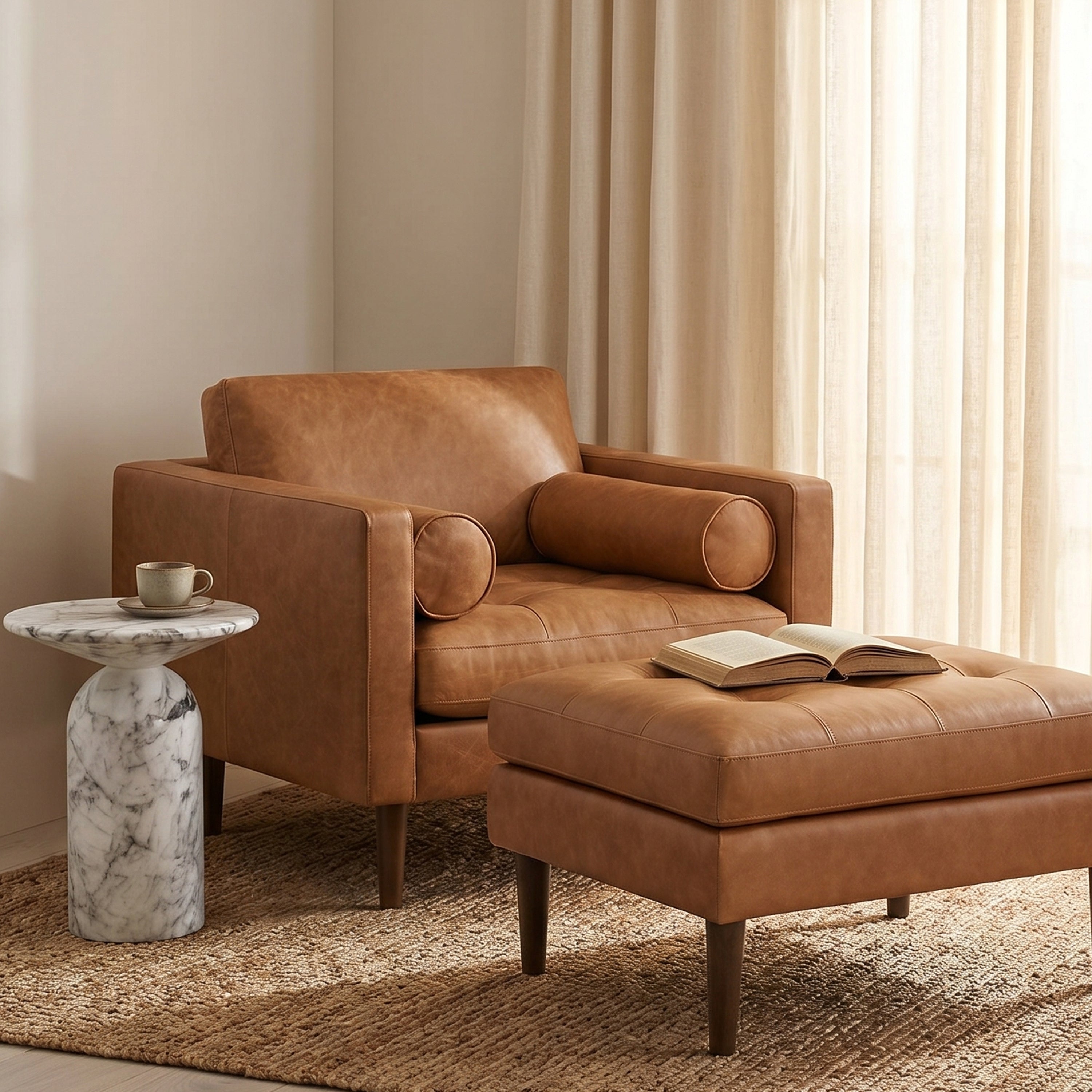 Modern Cognac Tan Leather Lounge Chair with Kiln-Dried Wood Frame