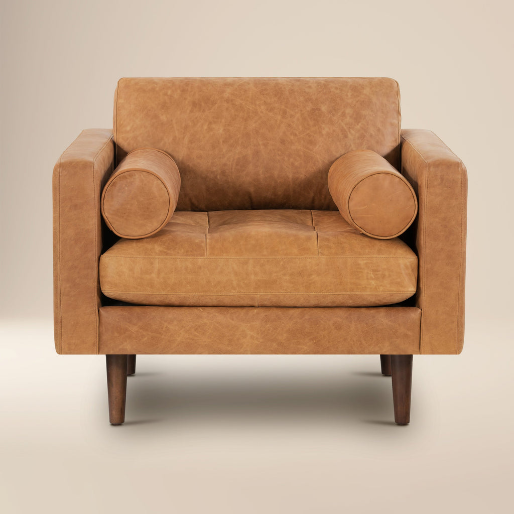 Modern Cognac Tan Leather Lounge Chair with Kiln-Dried Wood Frame
