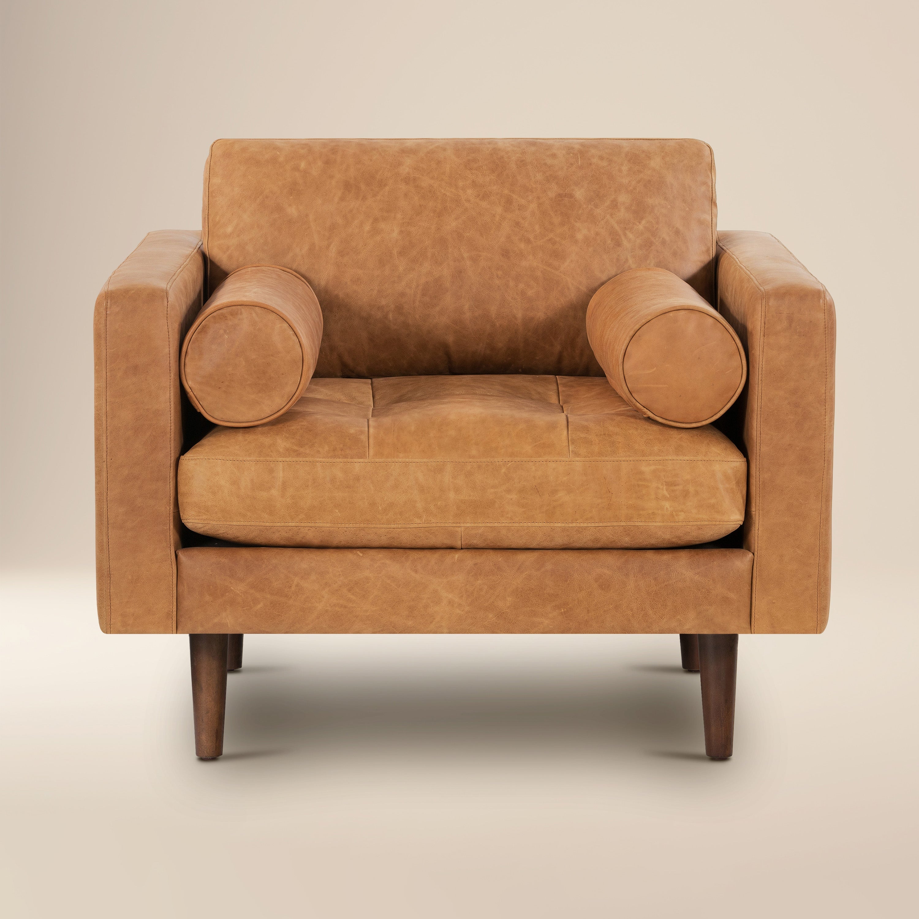 Modern Cognac Tan Leather Lounge Chair with Kiln-Dried Wood Frame