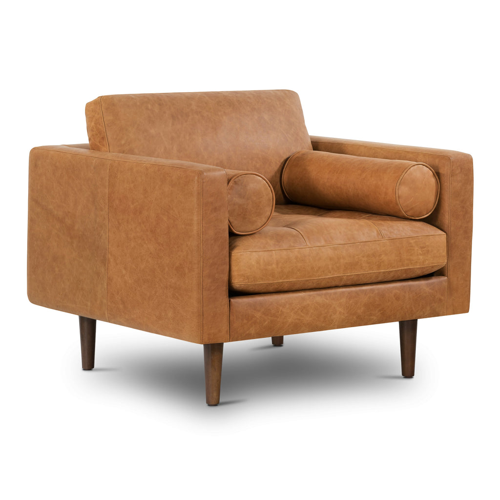 Modern Cognac Tan Leather Lounge Chair with Kiln-Dried Wood Frame