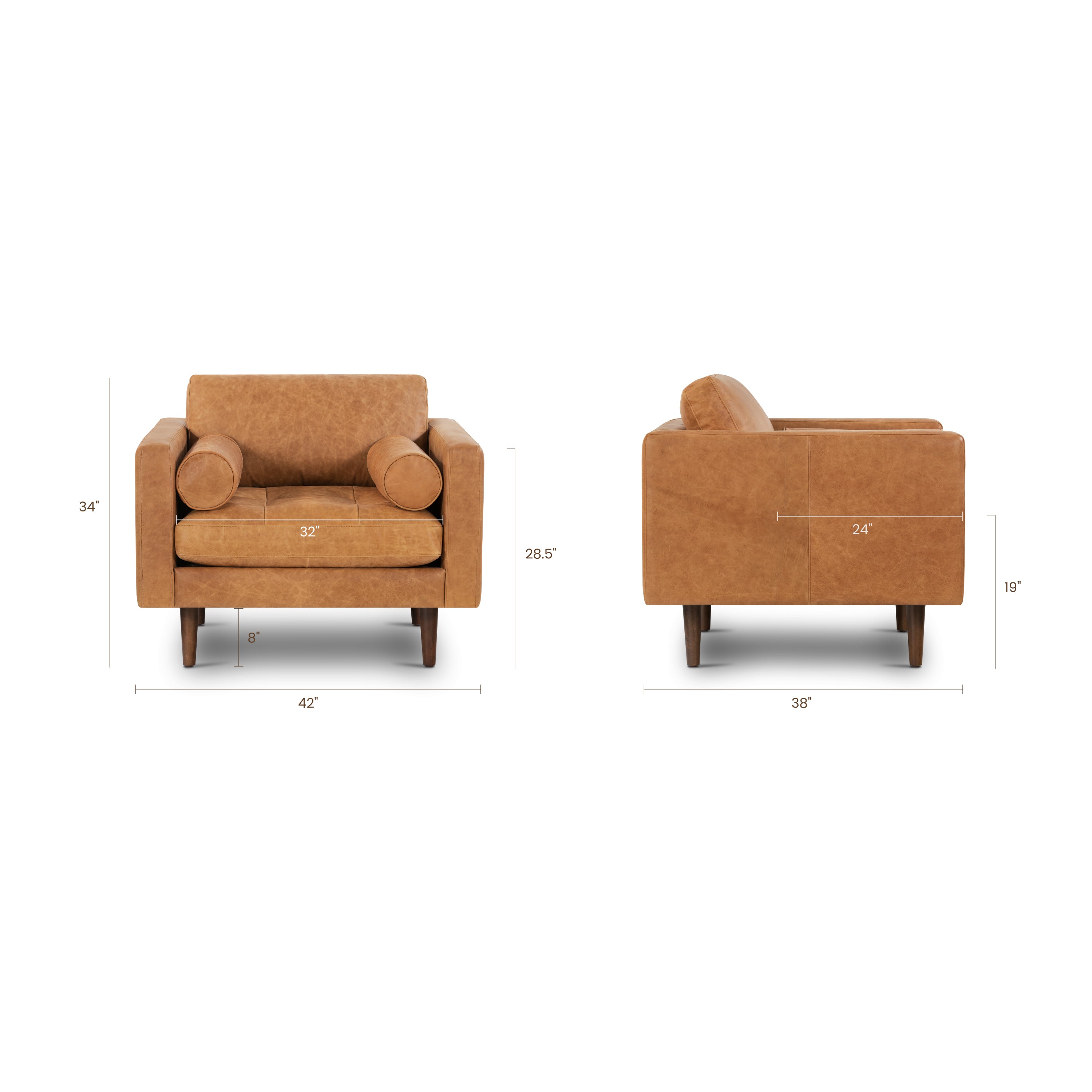 Modern Cognac Tan Leather Lounge Chair with Kiln-Dried Wood Frame