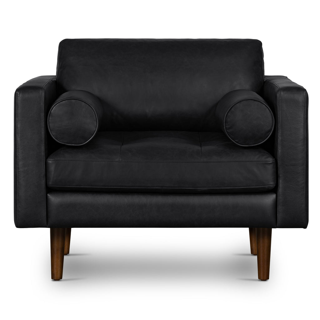 Modern Onyx Black Leather Lounge Chair with Kiln-Dried Wood Frame