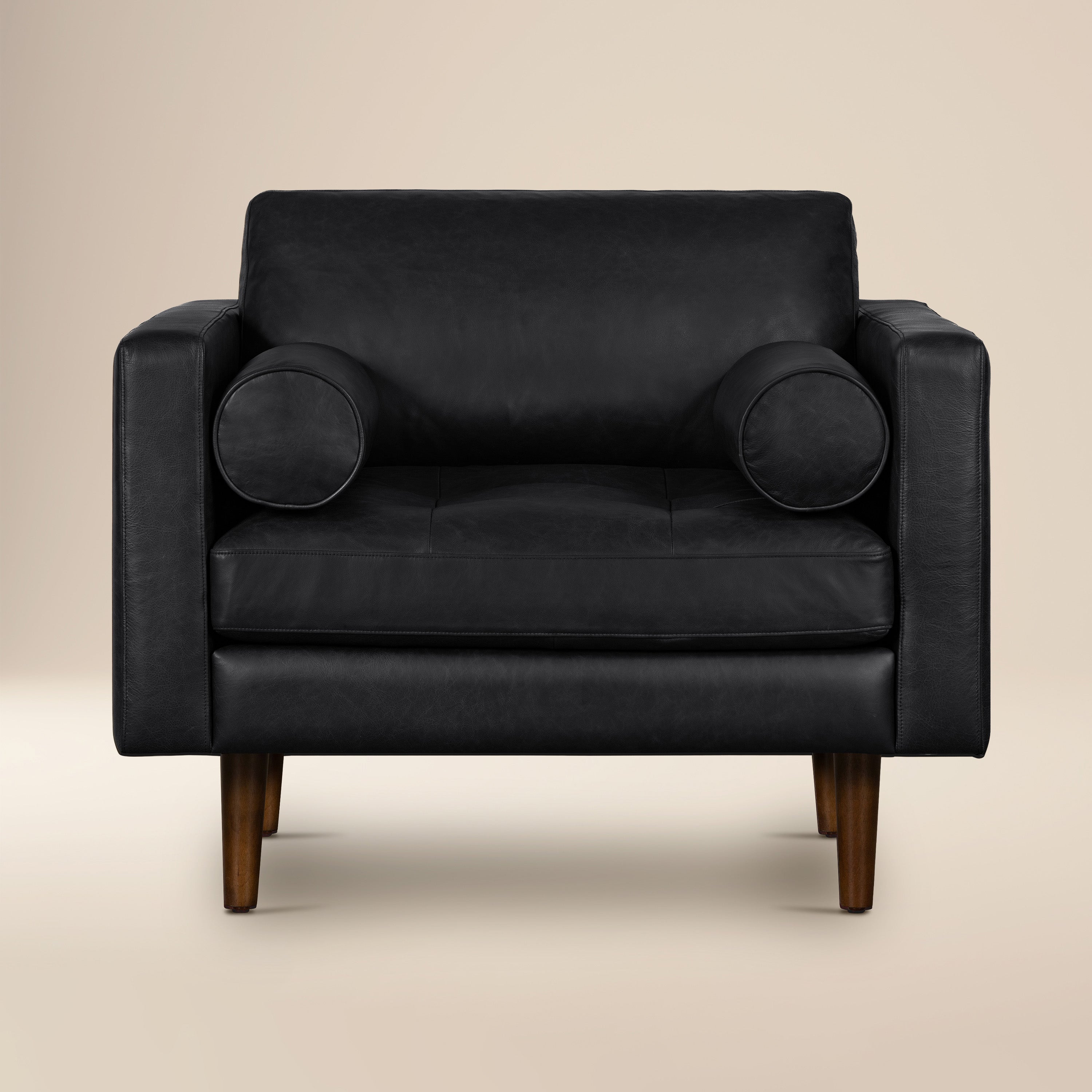 Modern Onyx Black Leather Lounge Chair with Kiln-Dried Wood Frame