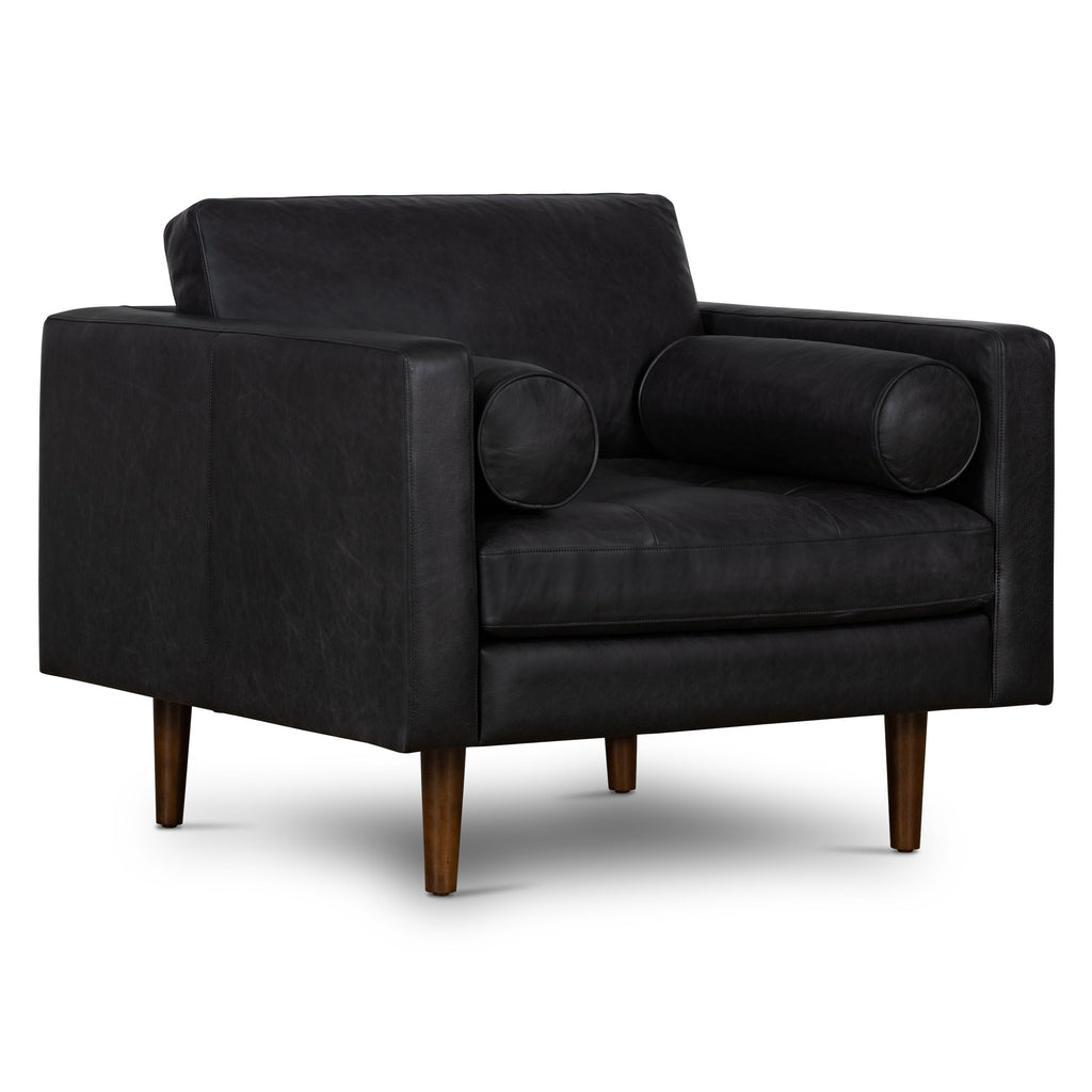 Modern Onyx Black Leather Lounge Chair with Kiln-Dried Wood Frame