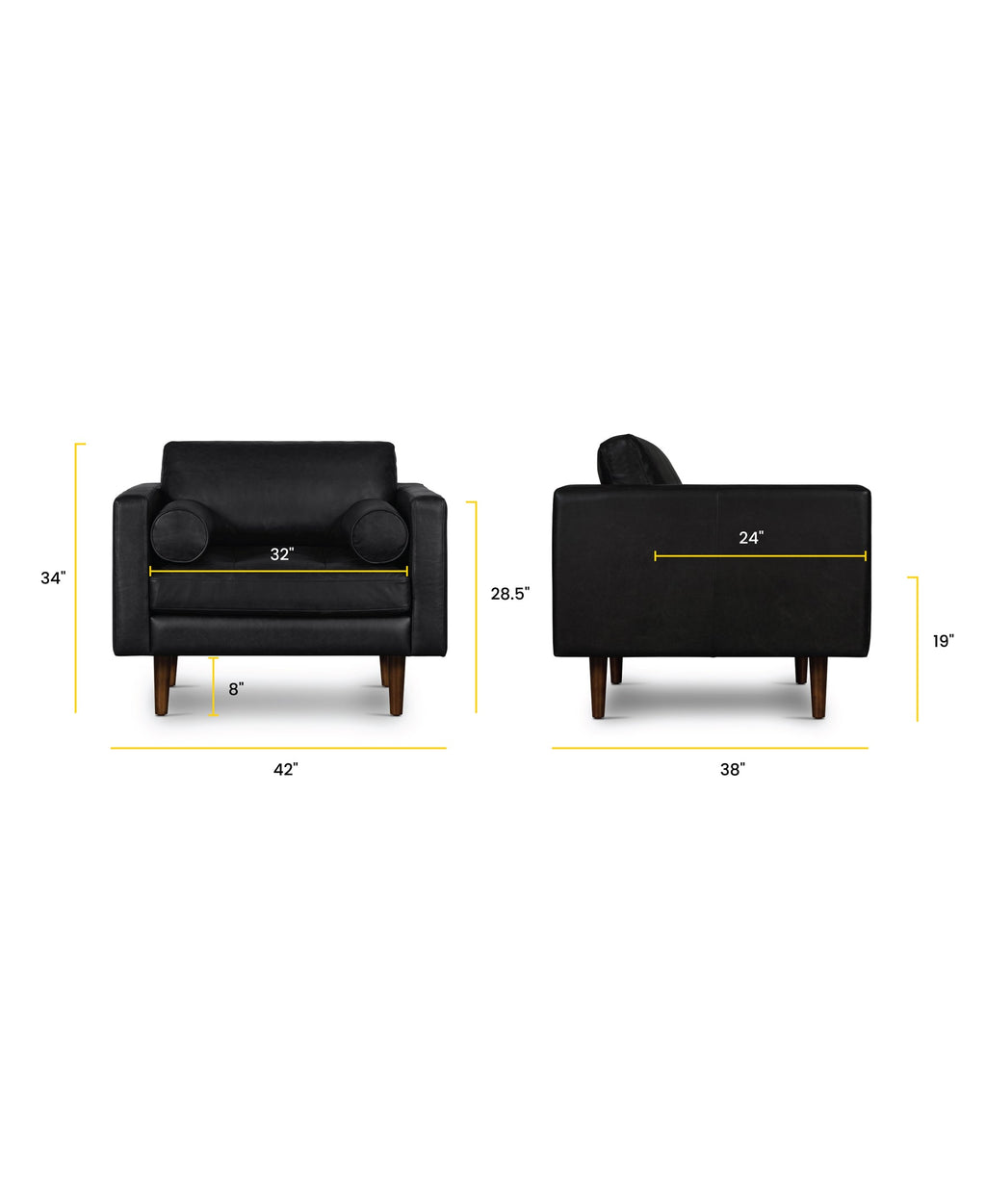 Modern Onyx Black Leather Lounge Chair with Kiln-Dried Wood Frame