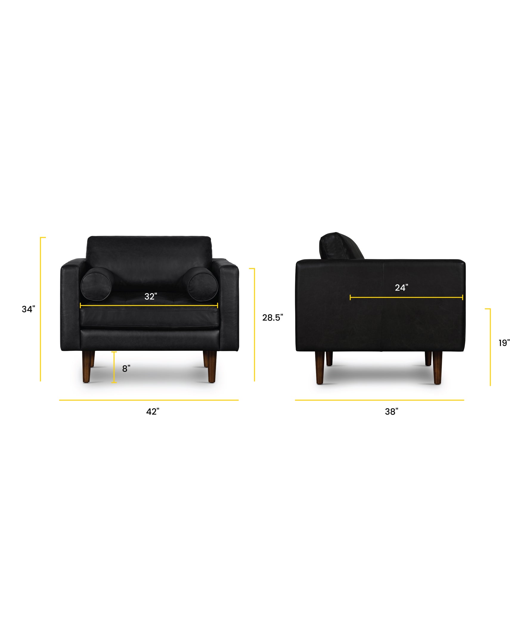 Modern Onyx Black Leather Lounge Chair with Kiln-Dried Wood Frame