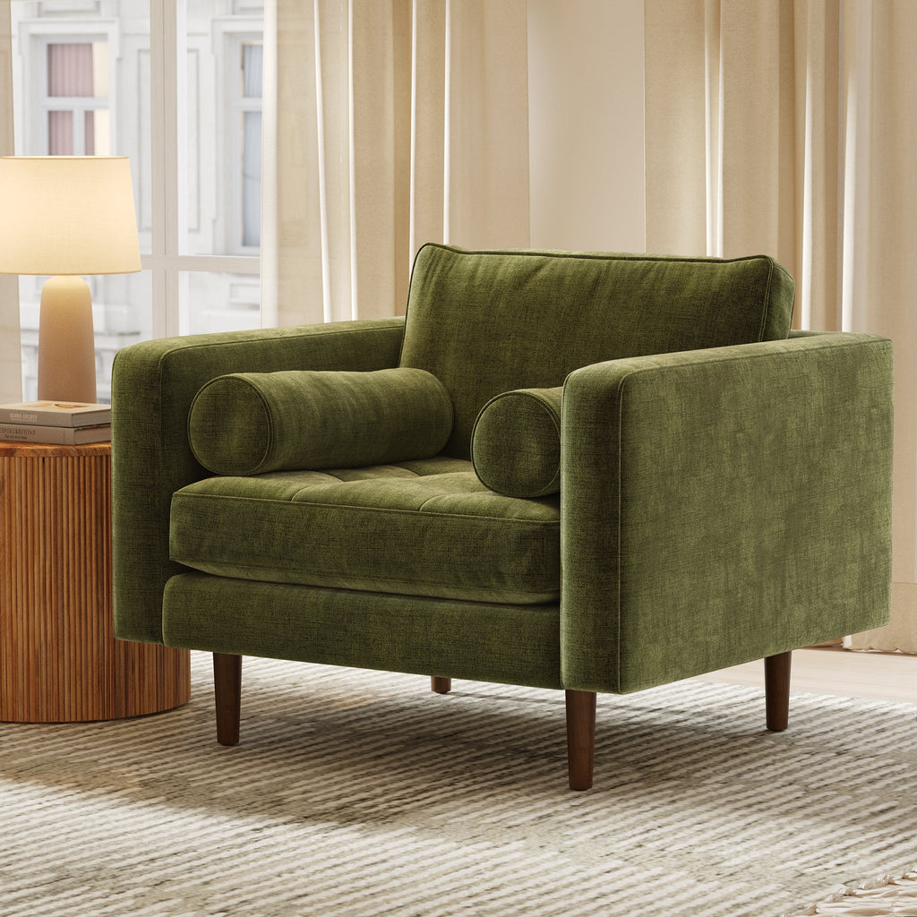 Modern Classic Distressed Green Velvet Lounge Chair with Kiln-Dried