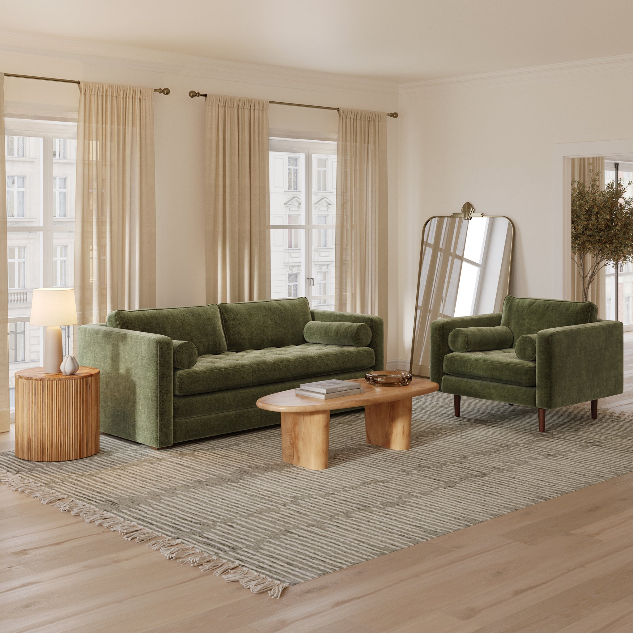 Modern Classic Distressed Green Velvet Lounge Chair with Kiln-Dried