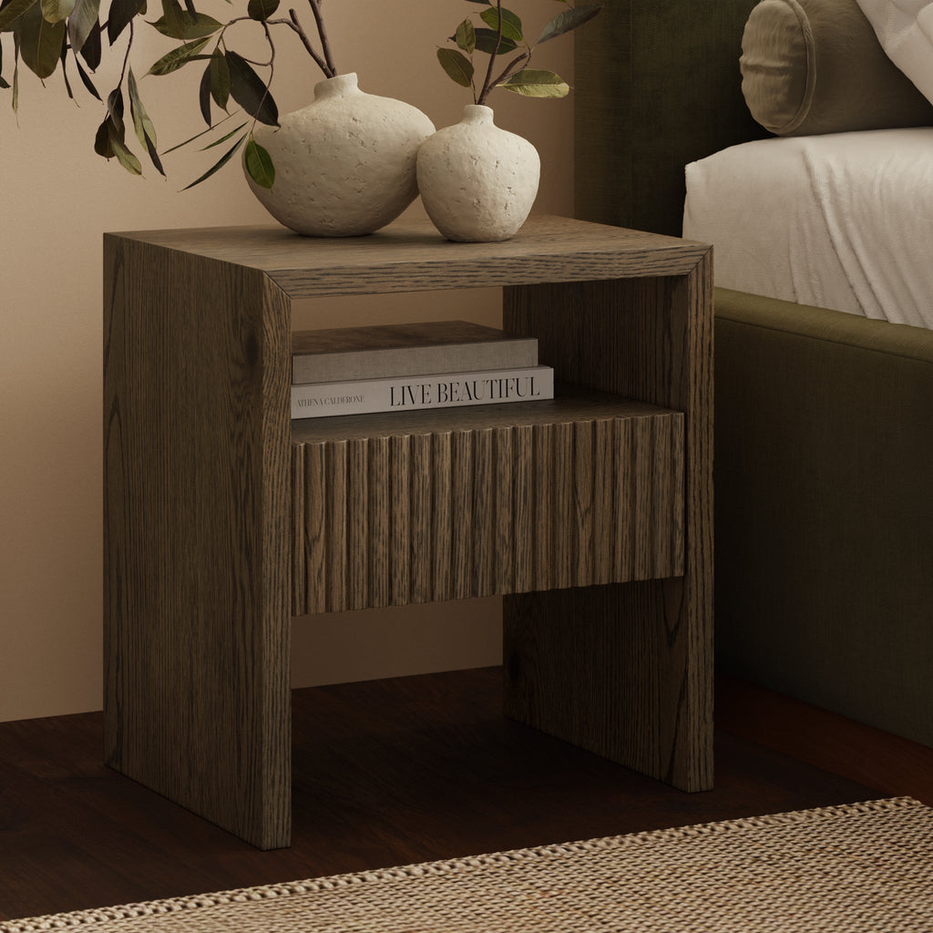 Modern Tundra Brown Nightstand with Solid Oak Frame for Bedroom