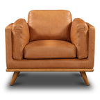 Fauteuil de salon moderne en cuir couleur fauve avec cadre en bois séché au four