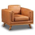 Fauteuil de salon moderne en cuir couleur fauve avec cadre en bois séché au four