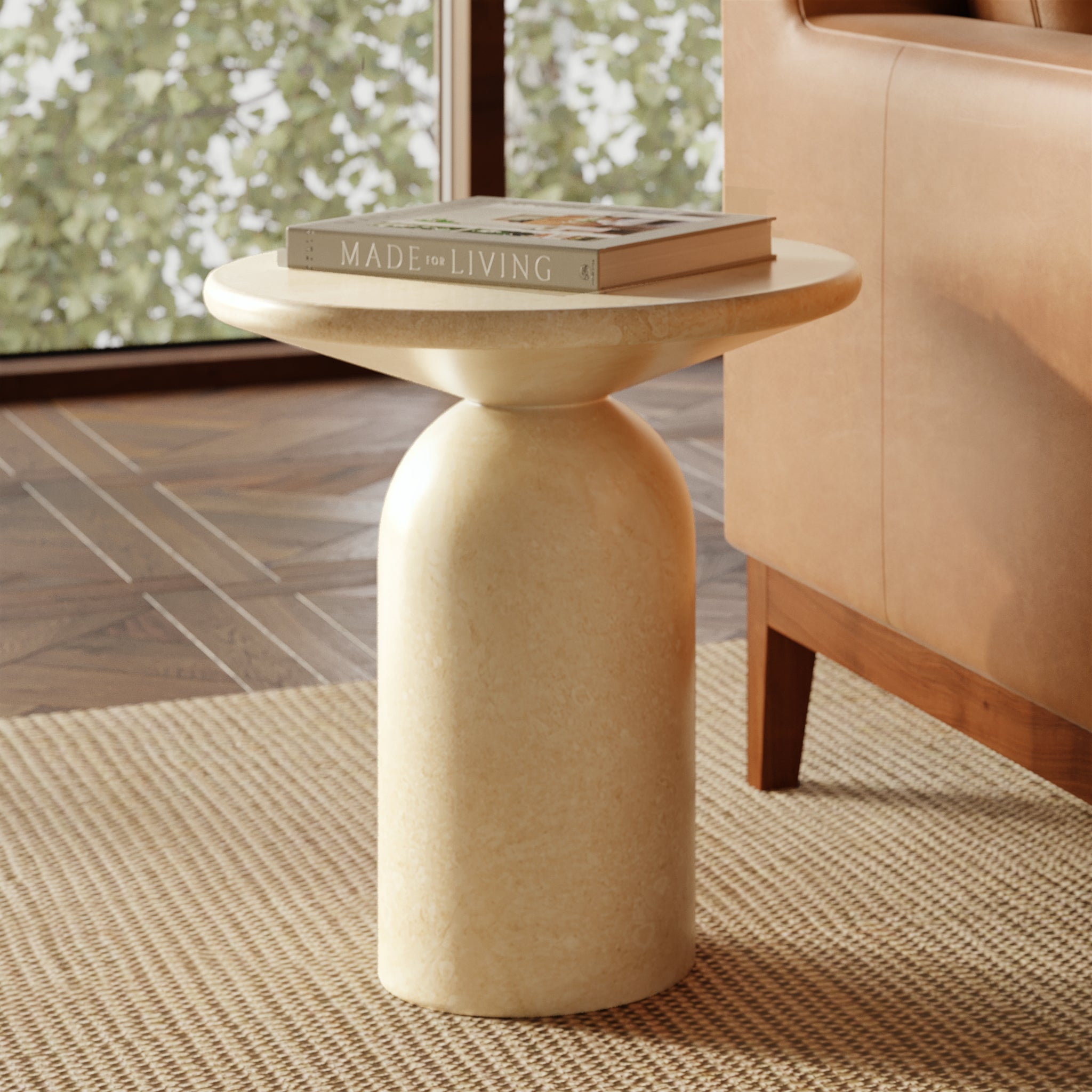 Modern Sandstone White End Table with Weather-Resistant Build