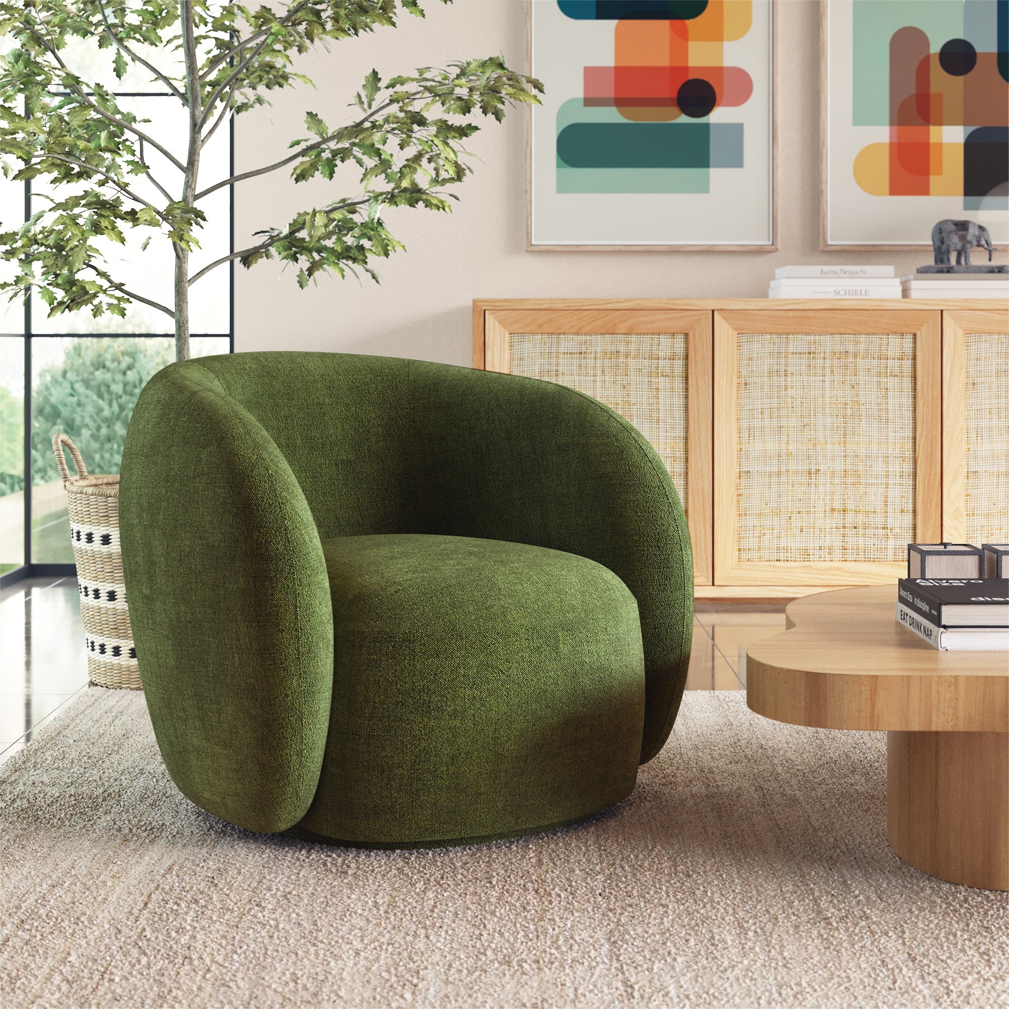 Modern Distressed Green Swivel Lounge Chair with Swivel Base