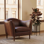 Fauteuil moderne en cuir marron chocolat avec cadre en bois séché au four
