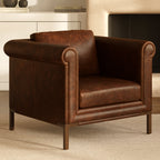 Fauteuil de salon traditionnel en cuir marron chocolat avec bois séché au four