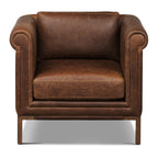 Fauteuil de salon traditionnel en cuir marron chocolat avec bois séché au four