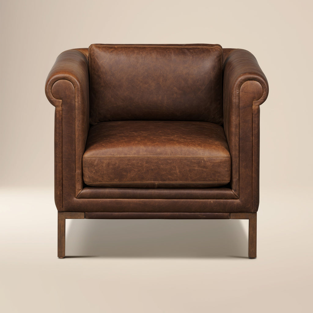Traditional Chocolate Brown Leather Lounge Chair with Kiln-Dried Wood
