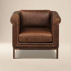 Fauteuil de salon traditionnel en cuir marron chocolat avec bois séché au four