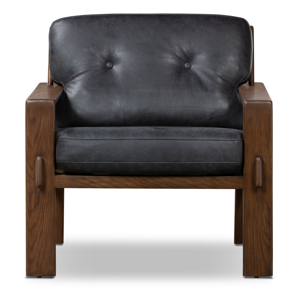 Modern Onyx Black Leather Lounge Chair with Tufted Back