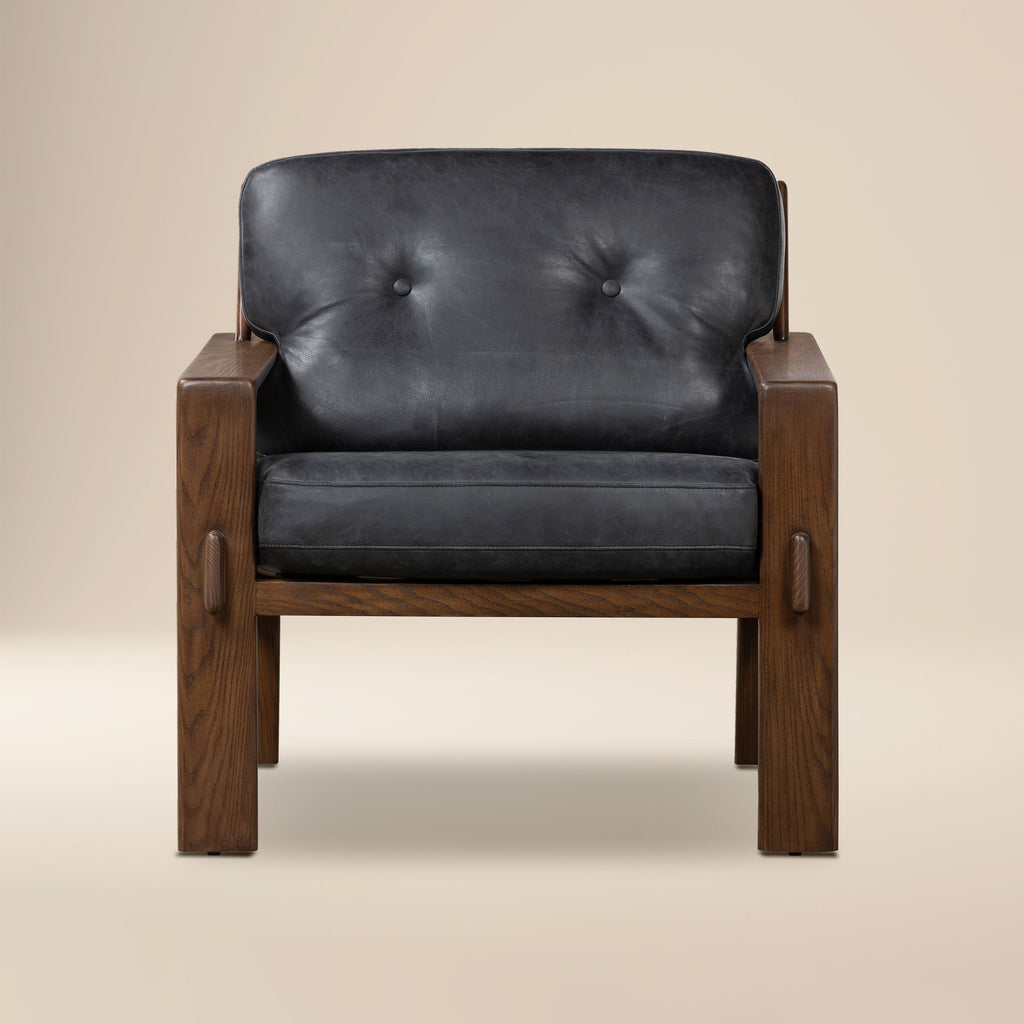 Modern Onyx Black Leather Lounge Chair with Tufted Back
