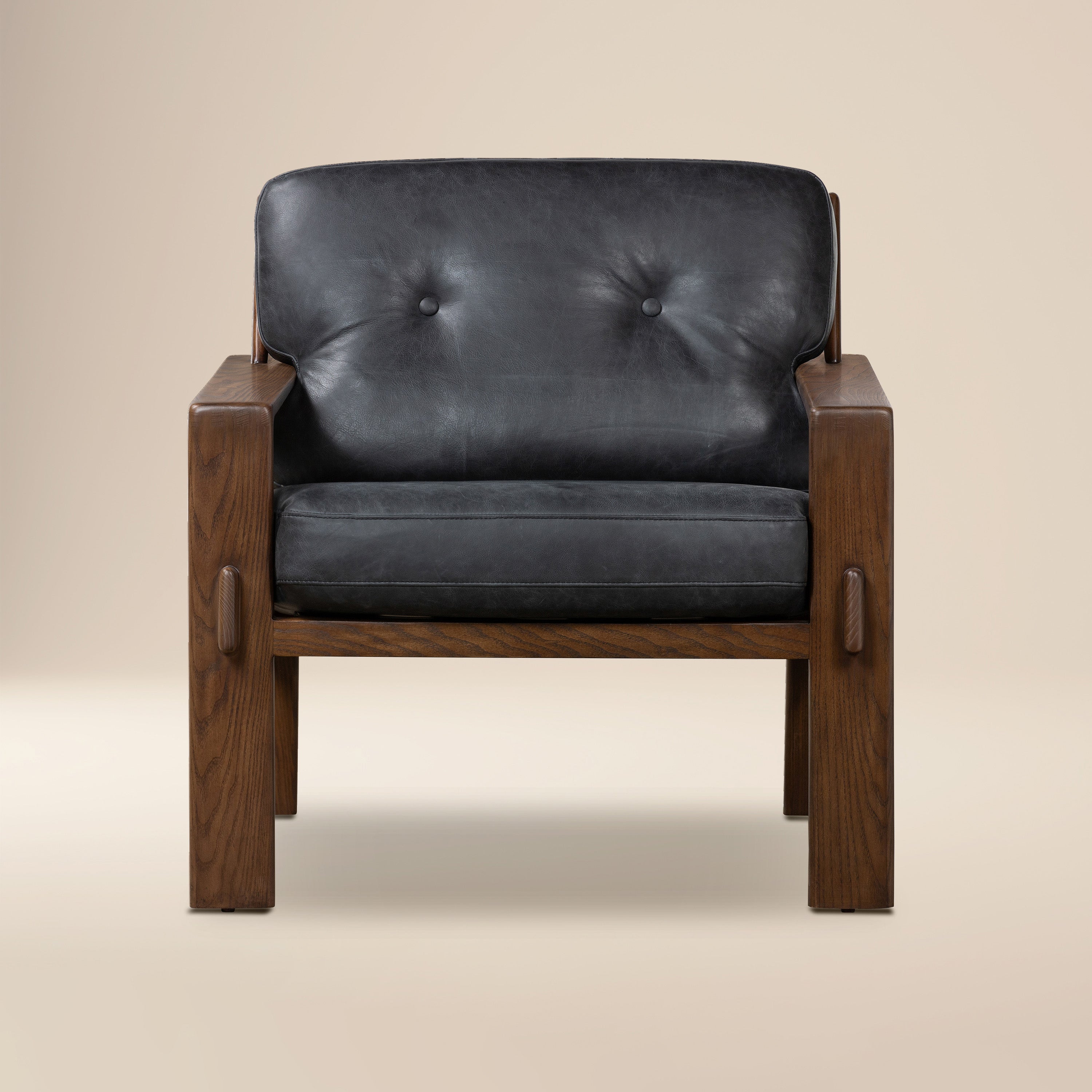 Modern Onyx Black Leather Lounge Chair with Tufted Back