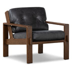 Fauteuil de salon moderne en cuir noir onyx avec dossier capitonné