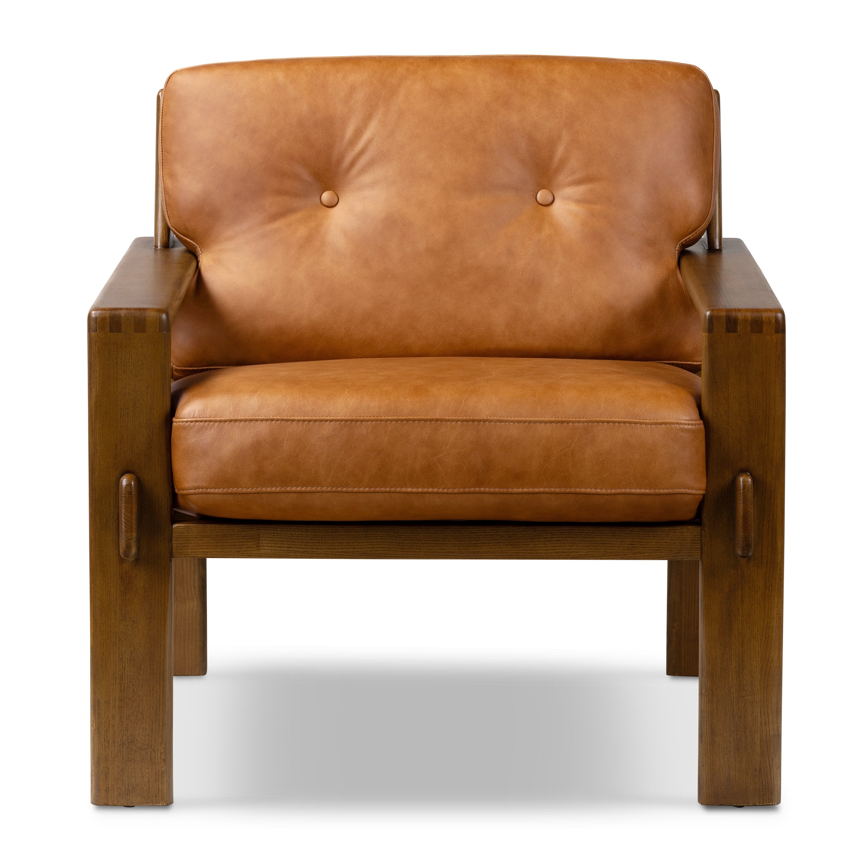 Modern Cognac Tan Leather Lounge Chair with Tufted Back