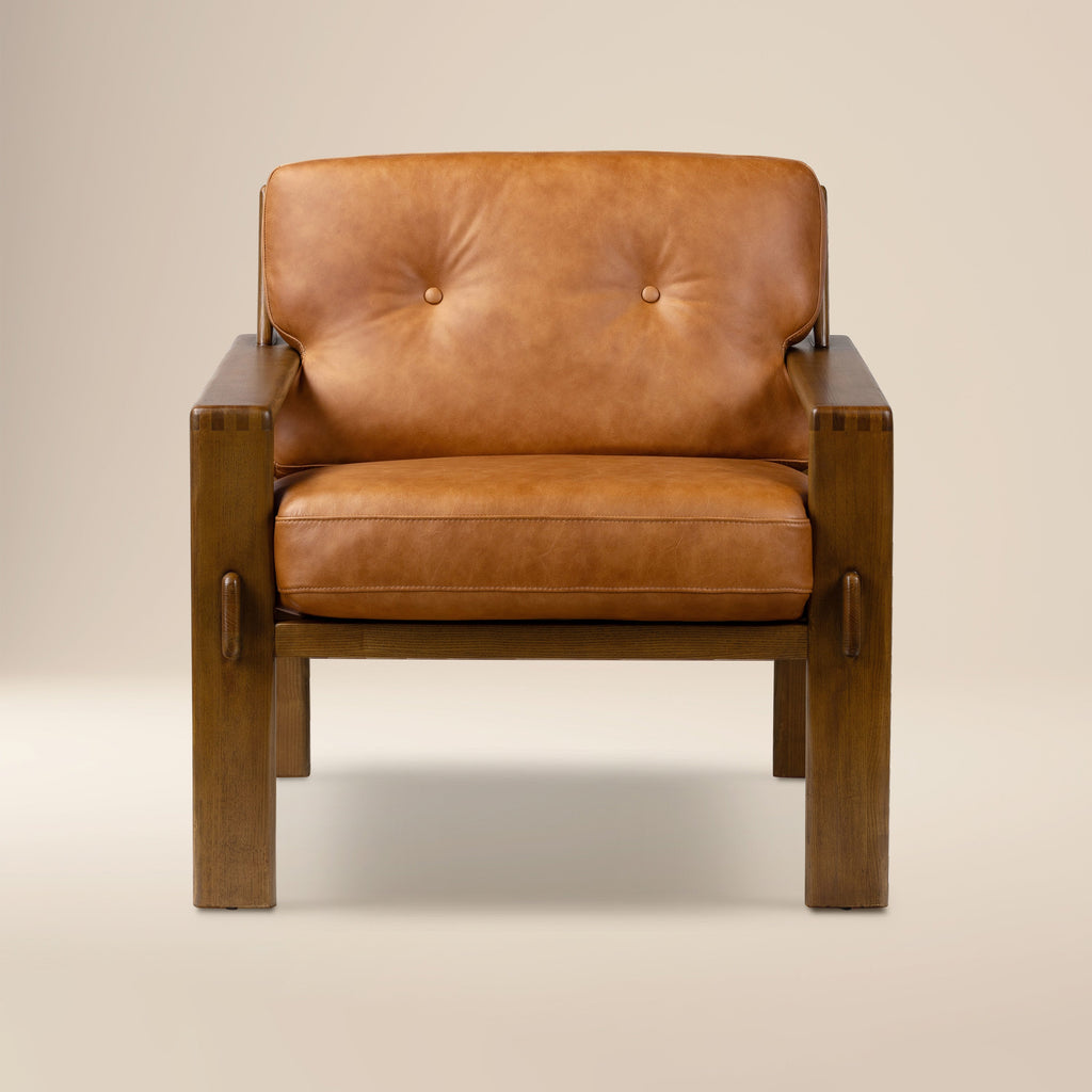 Modern Cognac Tan Leather Lounge Chair with Tufted Back