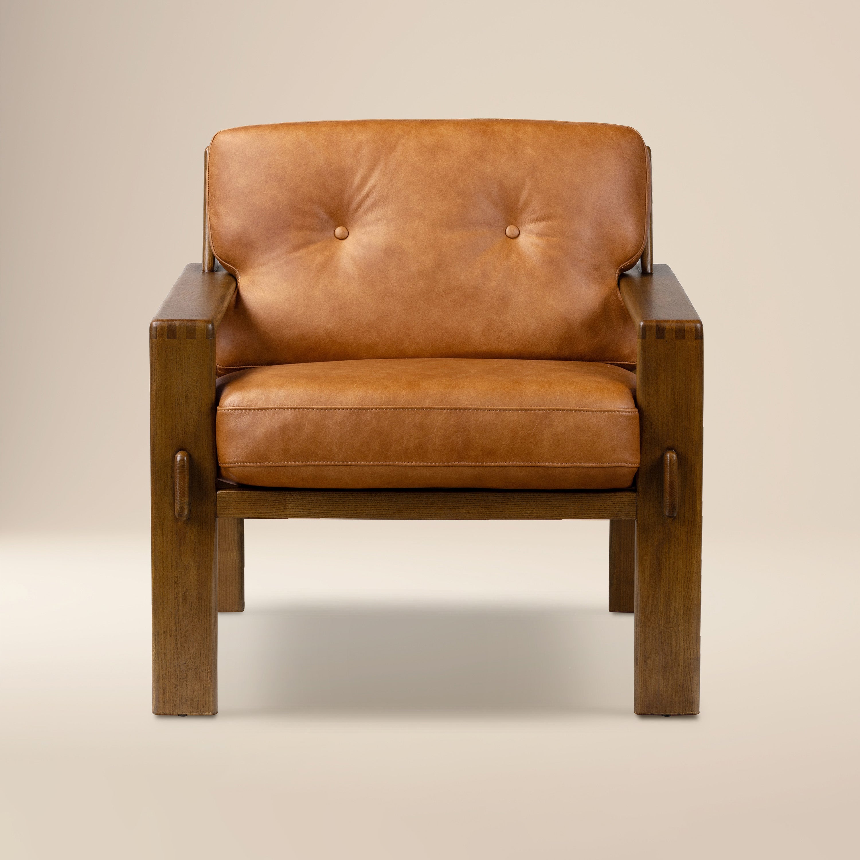 Modern Cognac Tan Leather Lounge Chair with Tufted Back