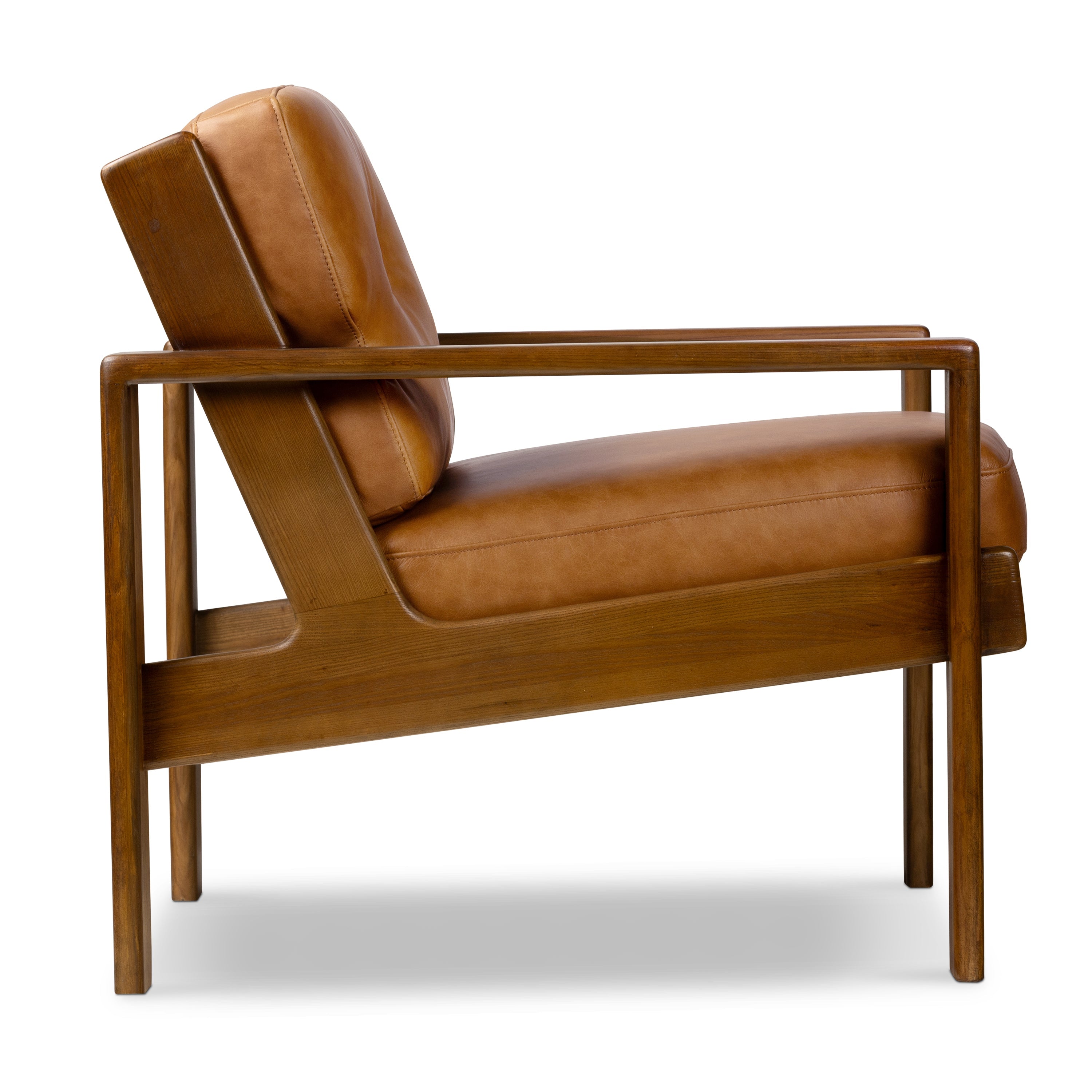 Modern Cognac Tan Leather Lounge Chair with Tufted Back