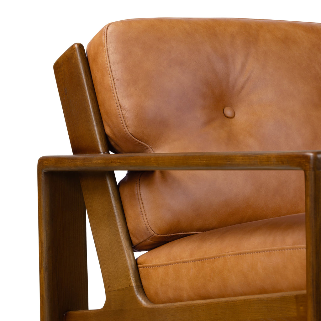 Modern Cognac Tan Leather Lounge Chair with Tufted Back