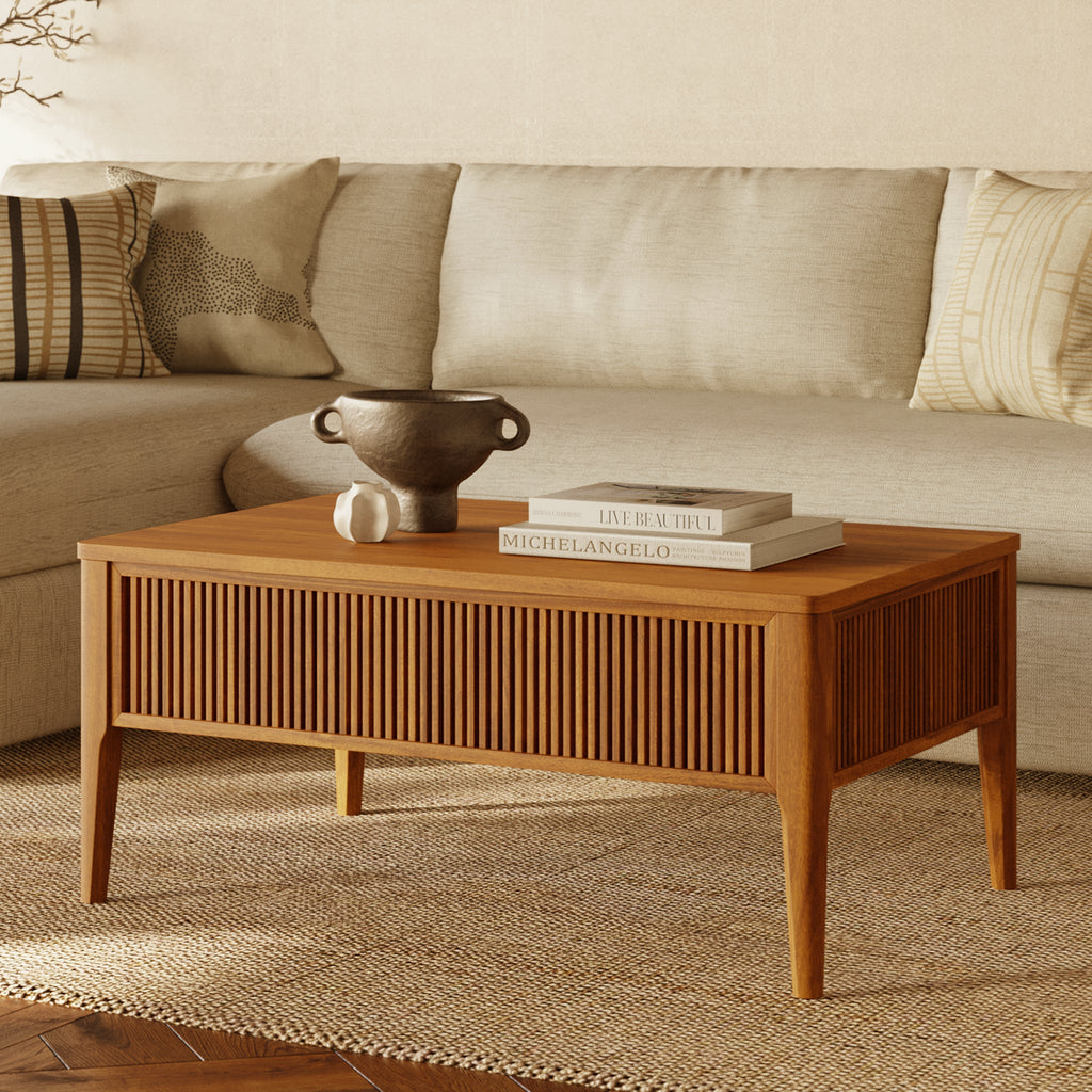 Mid-Century Modern Light Brown Coffee Table with Lift-Top Storage