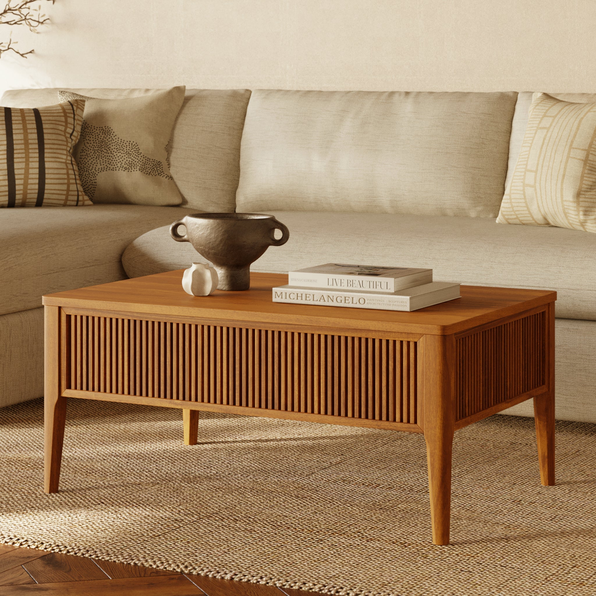 Mid-Century Modern Light Brown Coffee Table with Lift-Top Storage
