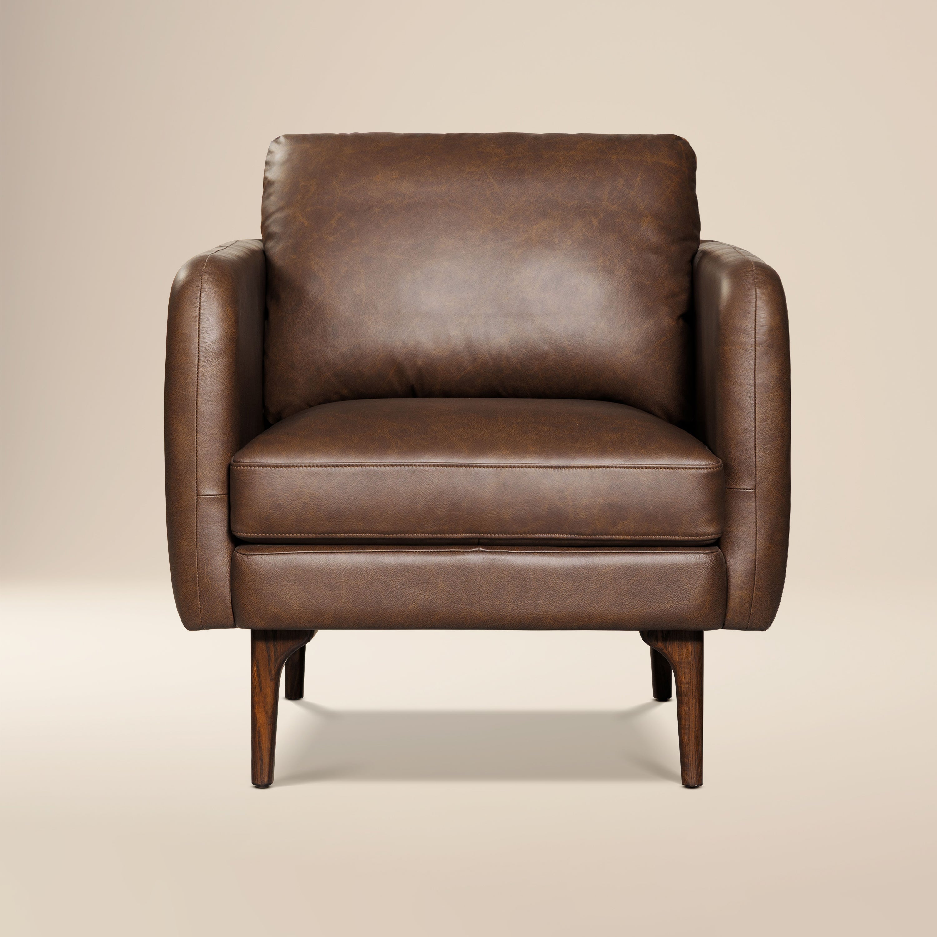 Mid-Century Modern Bridle Brown Leather Lounge Chair with Kiln-Dried