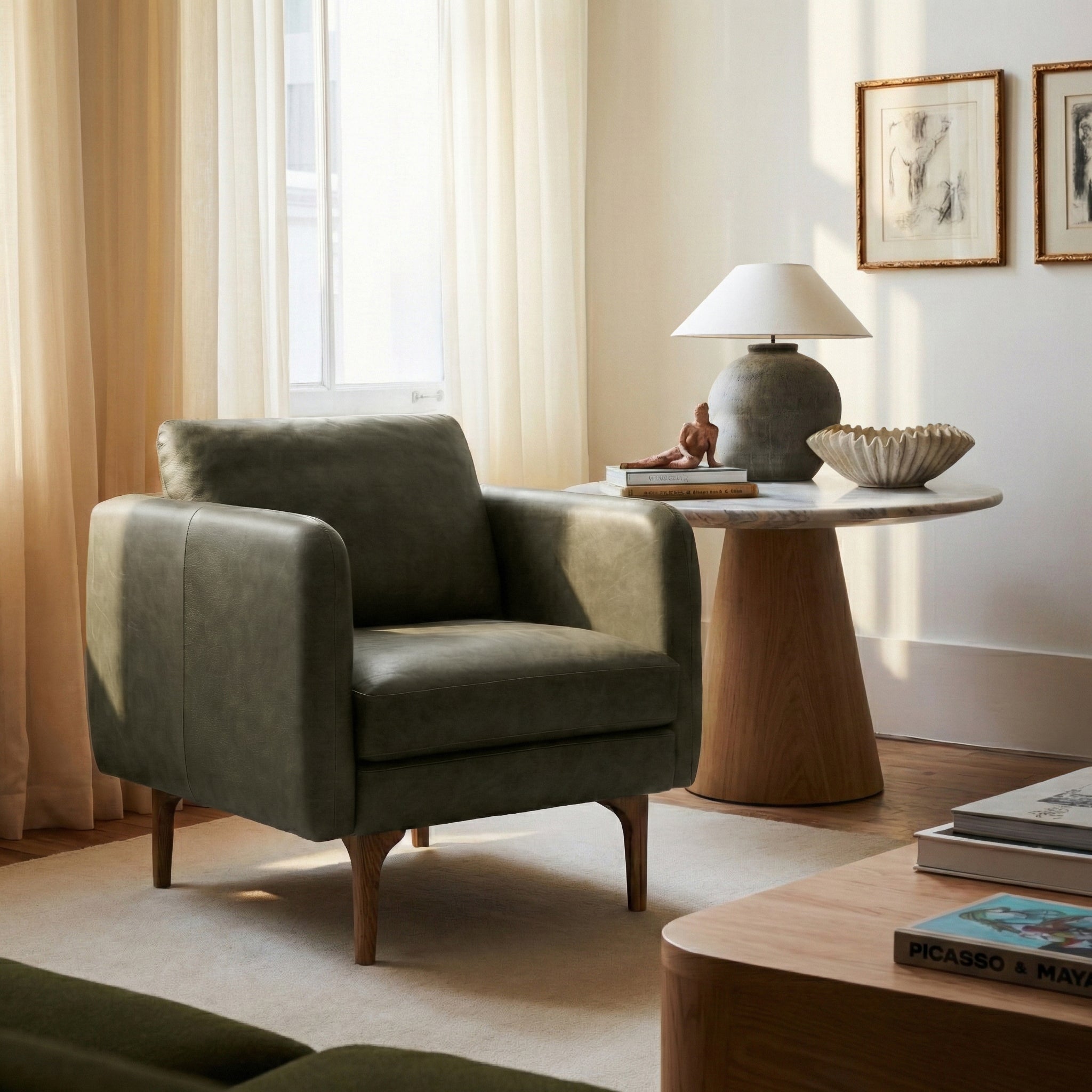 Mid-Century Modern Olivine Green Leather Lounge Chair with Kiln-Dried