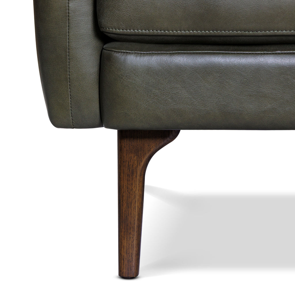 Mid-Century Modern Olivine Green Leather Lounge Chair with Kiln-Dried