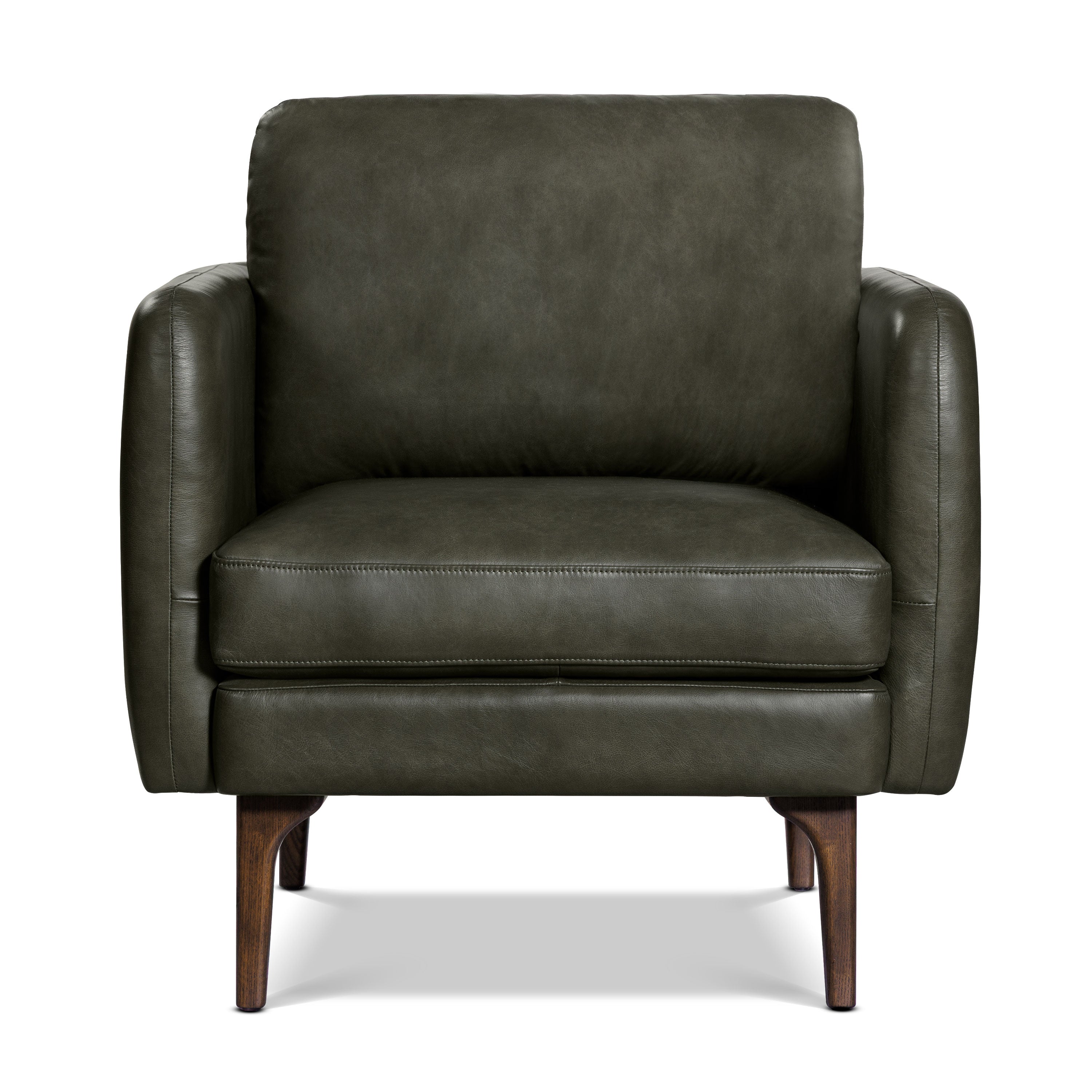 Mid-Century Modern Olivine Green Leather Lounge Chair with Kiln-Dried
