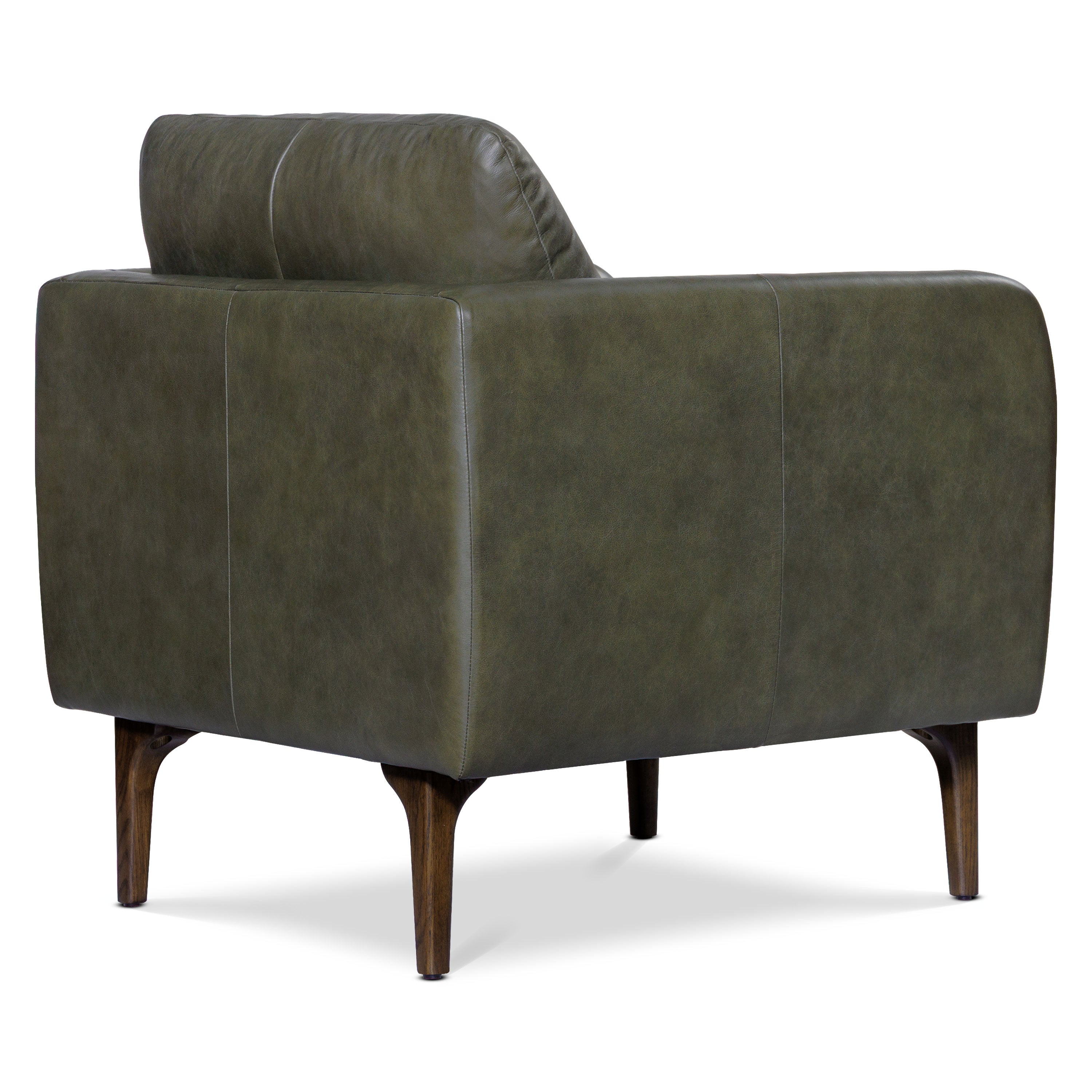 Mid-Century Modern Olivine Green Leather Lounge Chair with Kiln-Dried