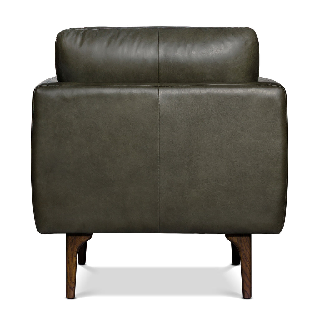 Mid-Century Modern Olivine Green Leather Lounge Chair with Kiln-Dried