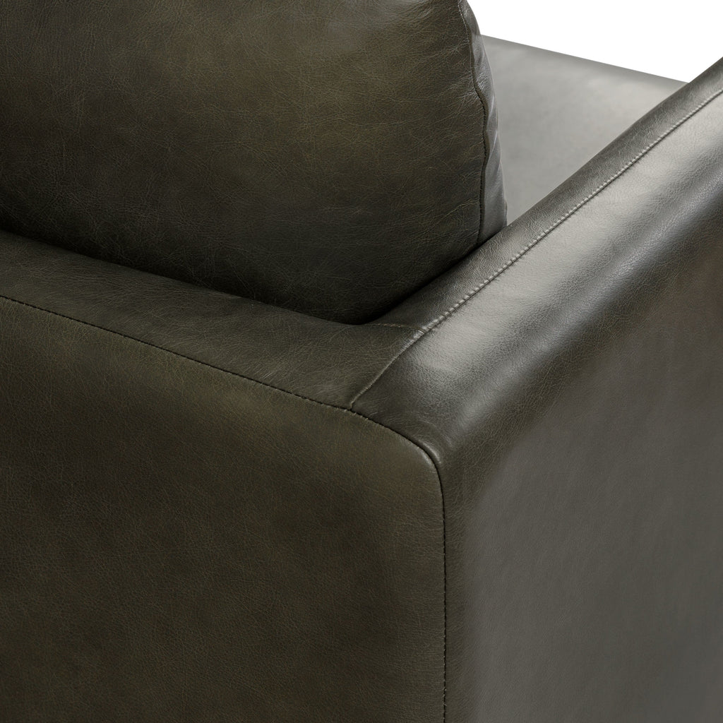 Mid-Century Modern Olivine Green Leather Lounge Chair with Kiln-Dried