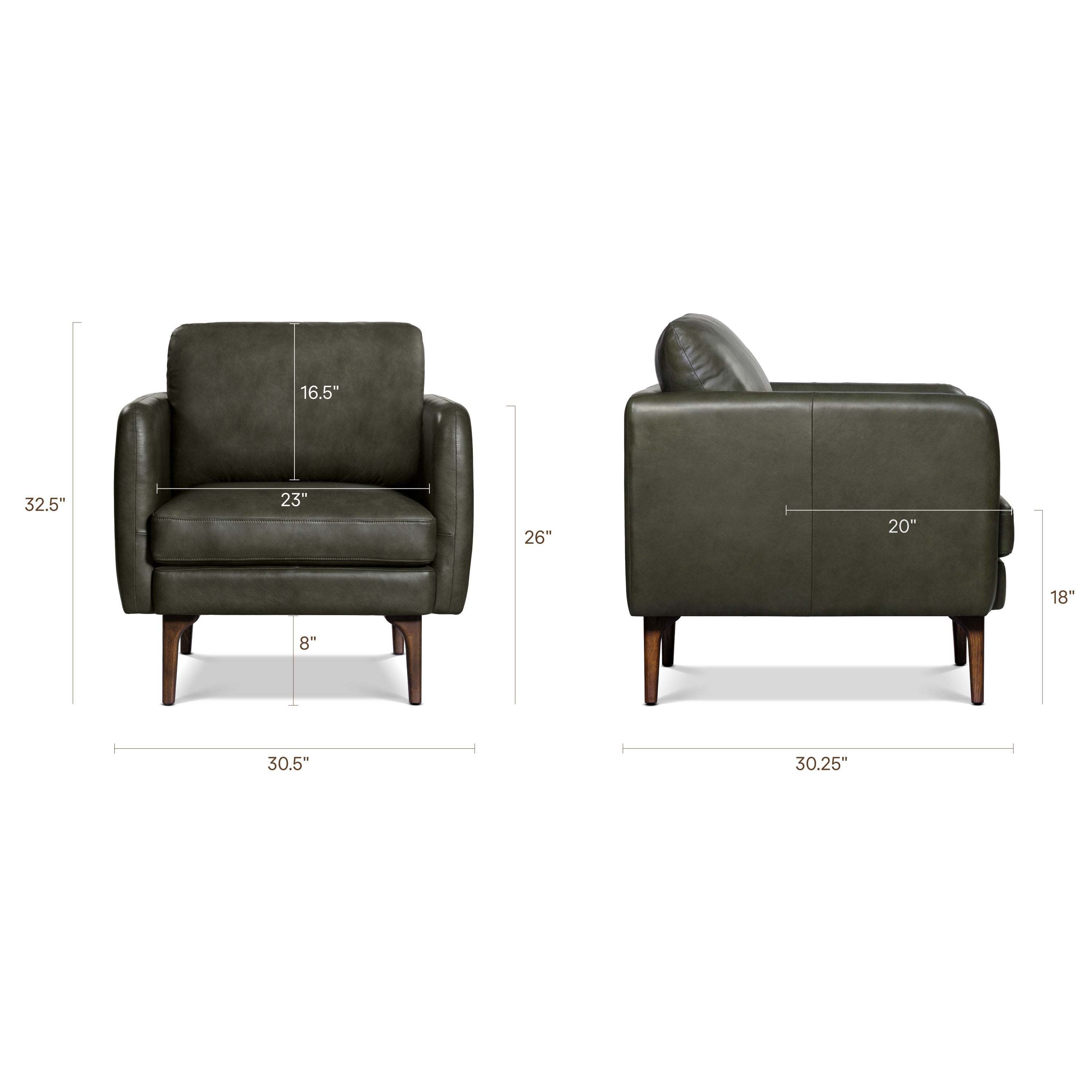 Mid-Century Modern Olivine Green Leather Lounge Chair with Kiln-Dried