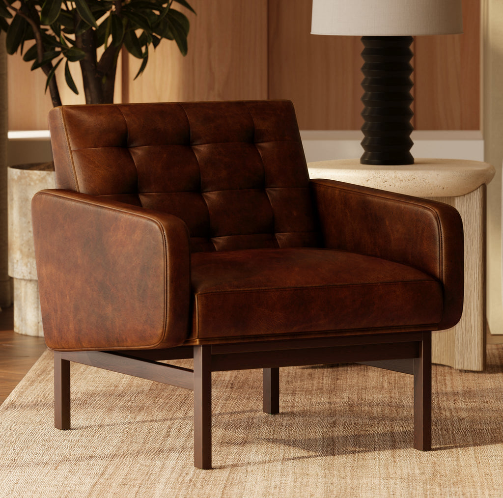 Mid-Century Modern Oscuro Brown Leather Lounge Chair with Tufted Back