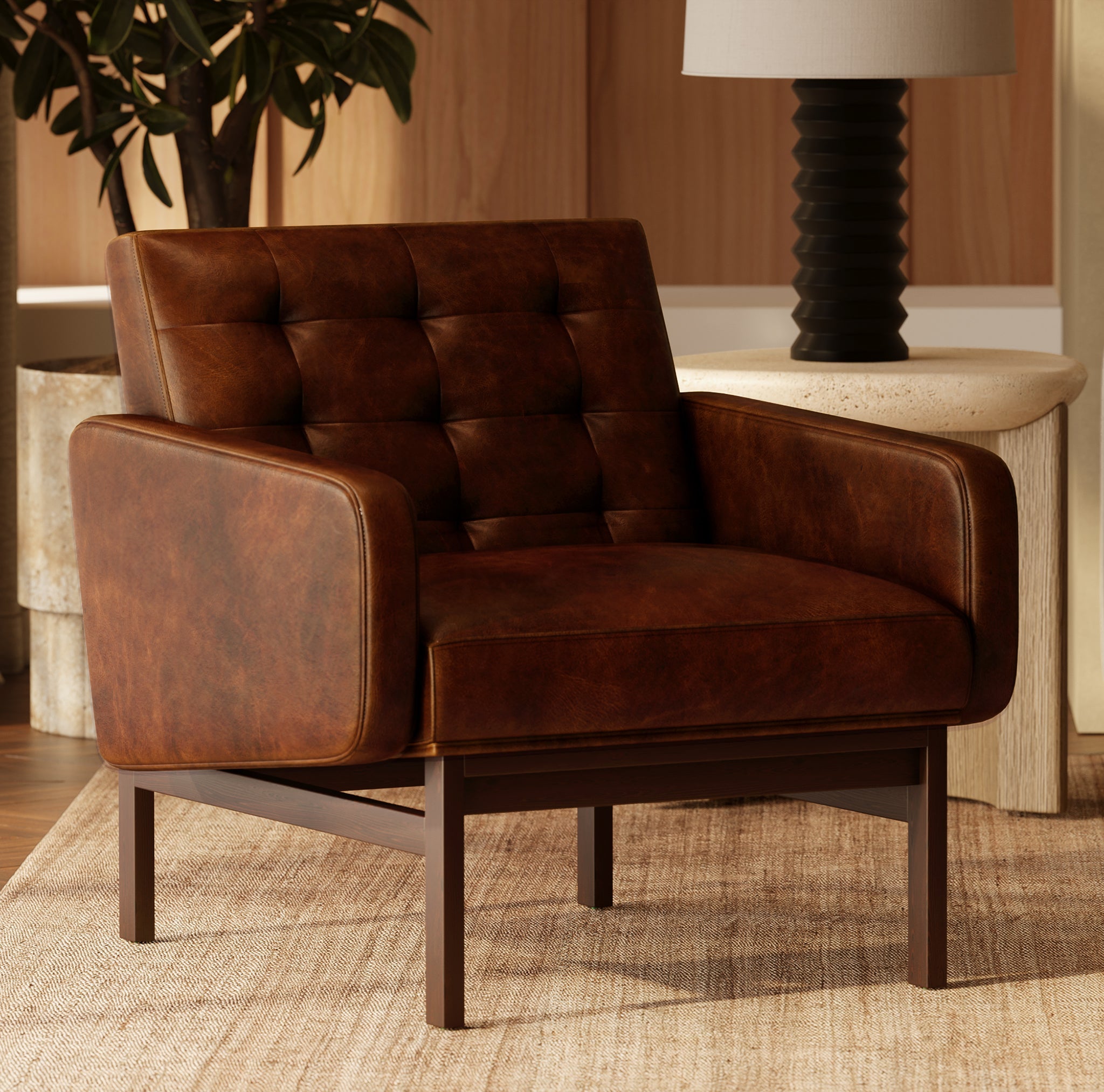 Mid-Century Modern Oscuro Brown Leather Lounge Chair with Tufted Back