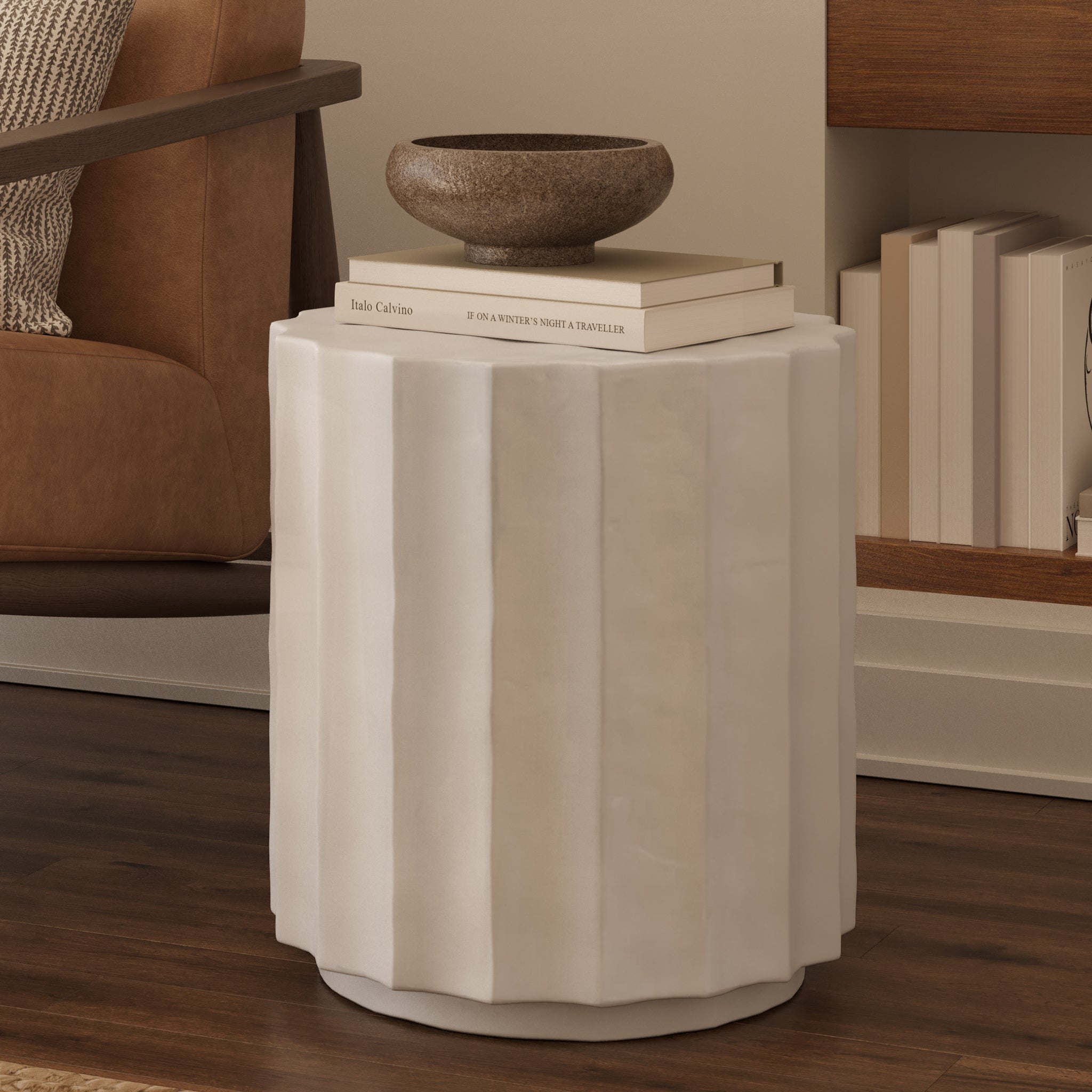 Modern Ivory Concrete Concrete Side Table with Weather-Resistant Build