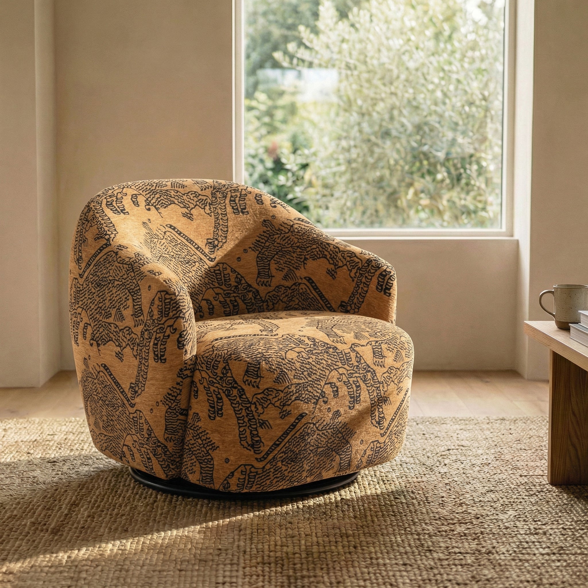 Modern Jacquard Brown Lounge Chair with Swivel Base for Living Room